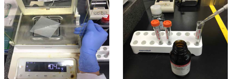 시험물질은 미세저울로 측량하여 (왼쪽), 적절한 용매를 이용하여 라벨 링된 튜브에 넣어준다 (오른쪽).