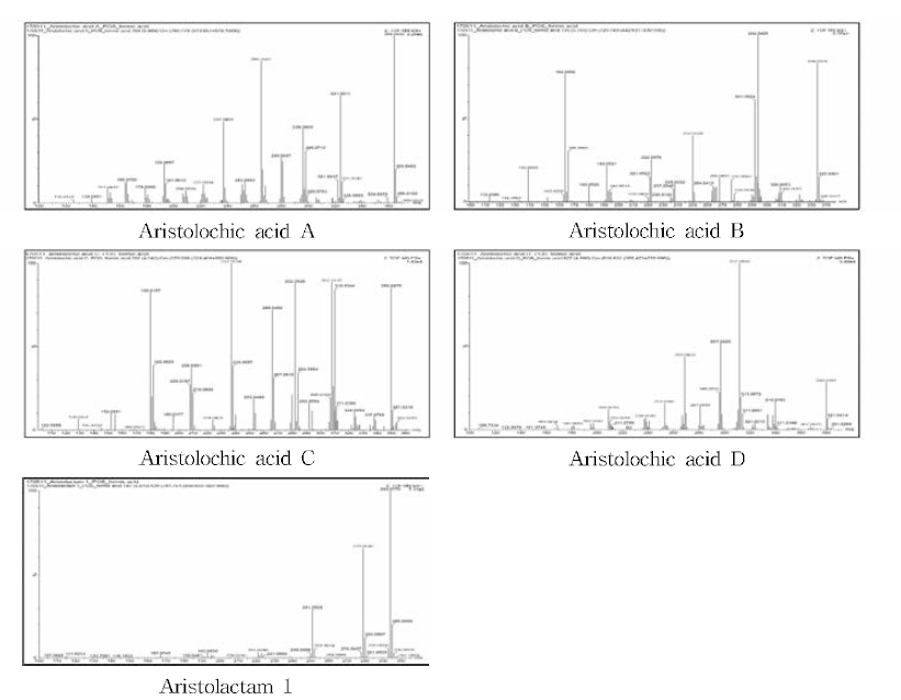 등칡 분석 지 표성 분 5종에 대한 LC-Q-TOF-MS 의 질 량스펙트럼