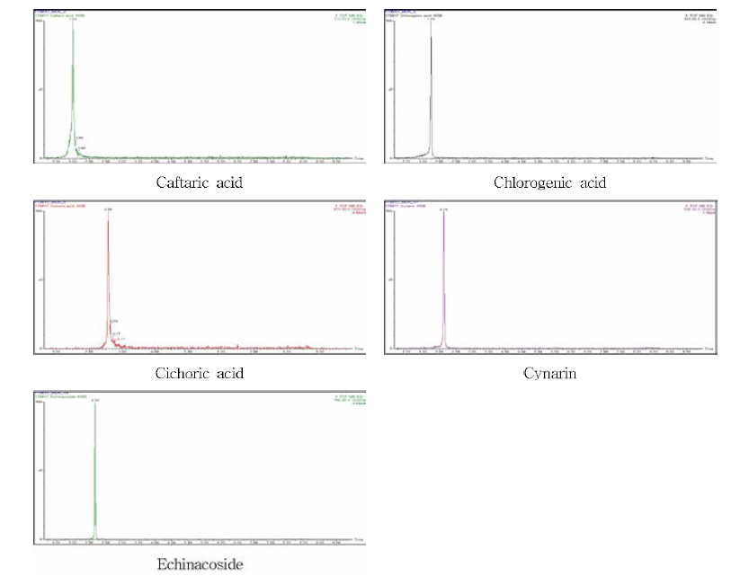 에키네시아 분석지표성분 5종의 LC-Q-TOF -MS 의 크로마토그램
