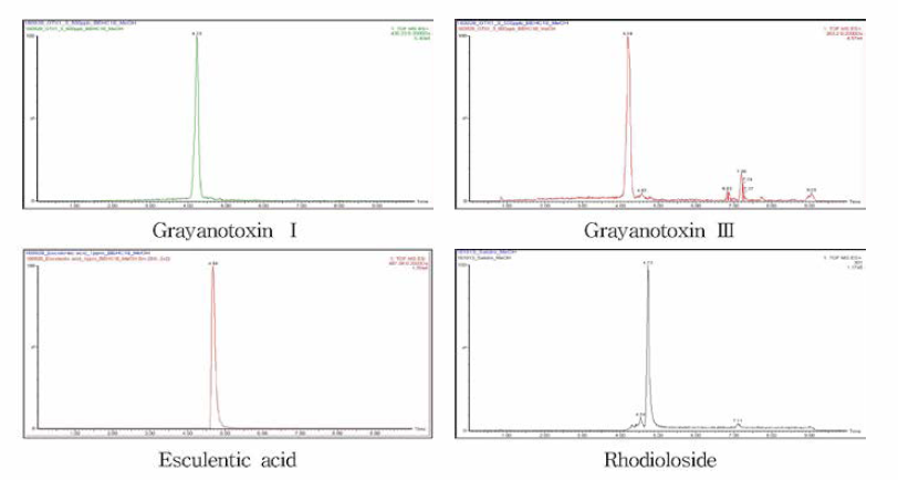 만병초 분석지표성분 4종에 대한 LC-Q-TOF -MS 의 크로마토그램