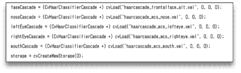 얼굴, 눈, 코, 입에 대한 학습 데이터 로드 일부 소스코드