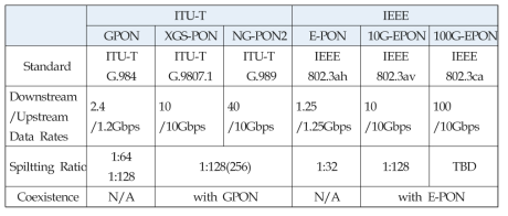 단일 파장 10Gbps 광가입자 기술 특성 비교