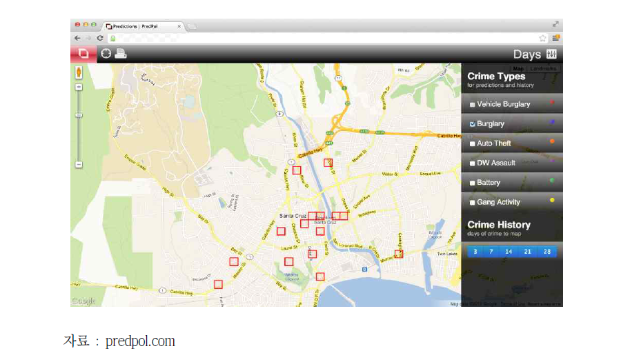 각 지역 내 범죄유형별 발생가능성 예측화면