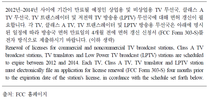 미국 FCC의 TV 무선국 재허가 안내 메시지