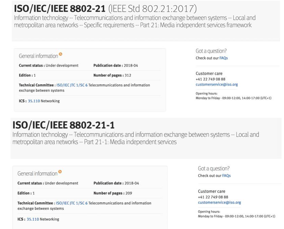 ISO/IEC/IEEE 8802-21 및 IEEE 8802-21-1 승인 화면