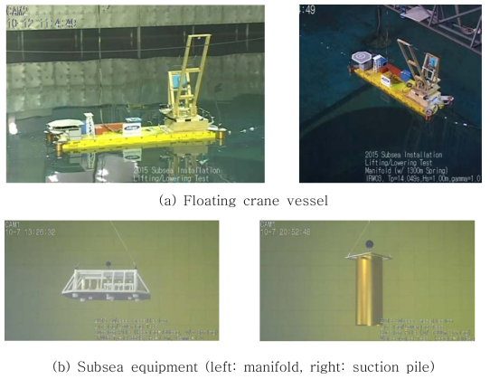 Photos for deepwater lifting experiments with the floating crane vessel and the subsea equipment