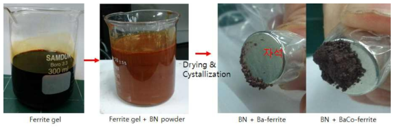 Ba(Co)-ferrite 코팅 BN의 자석을 이용한 자화 여부 확인.