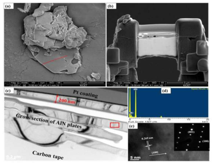 (a) 판상 AlN의 SEM 이미지, (b) FIB 단면이미지, (c) TEM 단면이미지, (d) EDX 그리고 (e) 고해상도 및 전자빔회절 패턴.