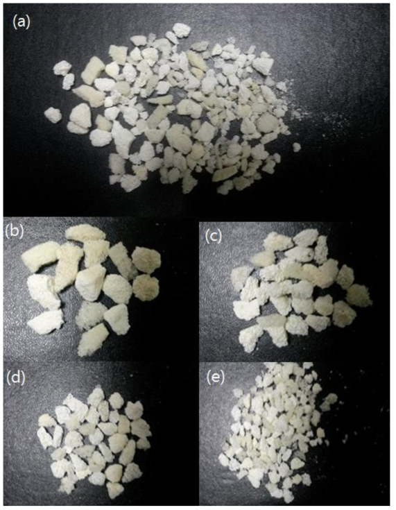 Allograft bone chip의 구성(단위 mm), (a)전체, (b) 9mm 이상, (c) 7~9 mm, (d) 5~7 mm, (e) 3~5 mm