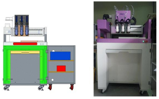 3헤드 바이오플로팅 시스템 설계도(좌) 및 제작된 시스템 사진(우)