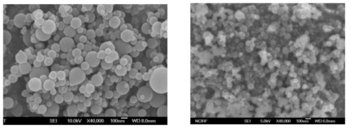 왼쪽 : 조건 1(3.3g/min), 오른쪽 : 조건 3(1.5g/min) SEM 사진