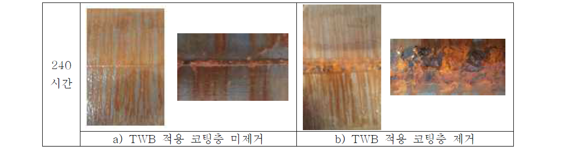 전착도장 미실시 시편의 염수분무 시험 결과