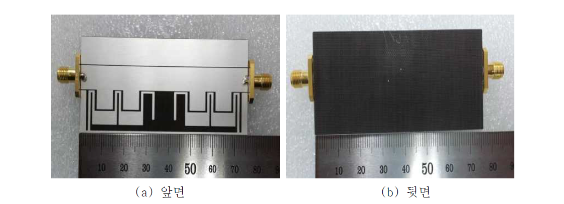 제작된 요철접지 D-CRLH 메타셀 구조가 종속 연결된 대역저지필터 사진