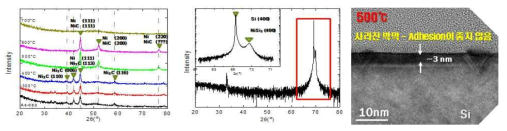 ALD-Ni의 열처리 온도별 상변화 분석 결과