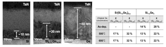 Er/Si1-xGex 시편의 열처리 후 TEM 및 RBS 분석 결과
