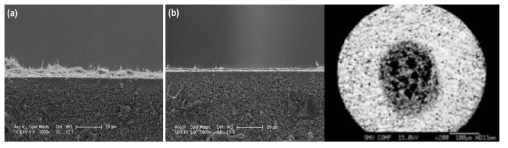 고내열성 CNT 에미터의 고온 진공 열처리 공정 전(a)/후(b)의 표면 상태를 나타낸 SEM 사진과 2D CNT 단면 SEM 이미지