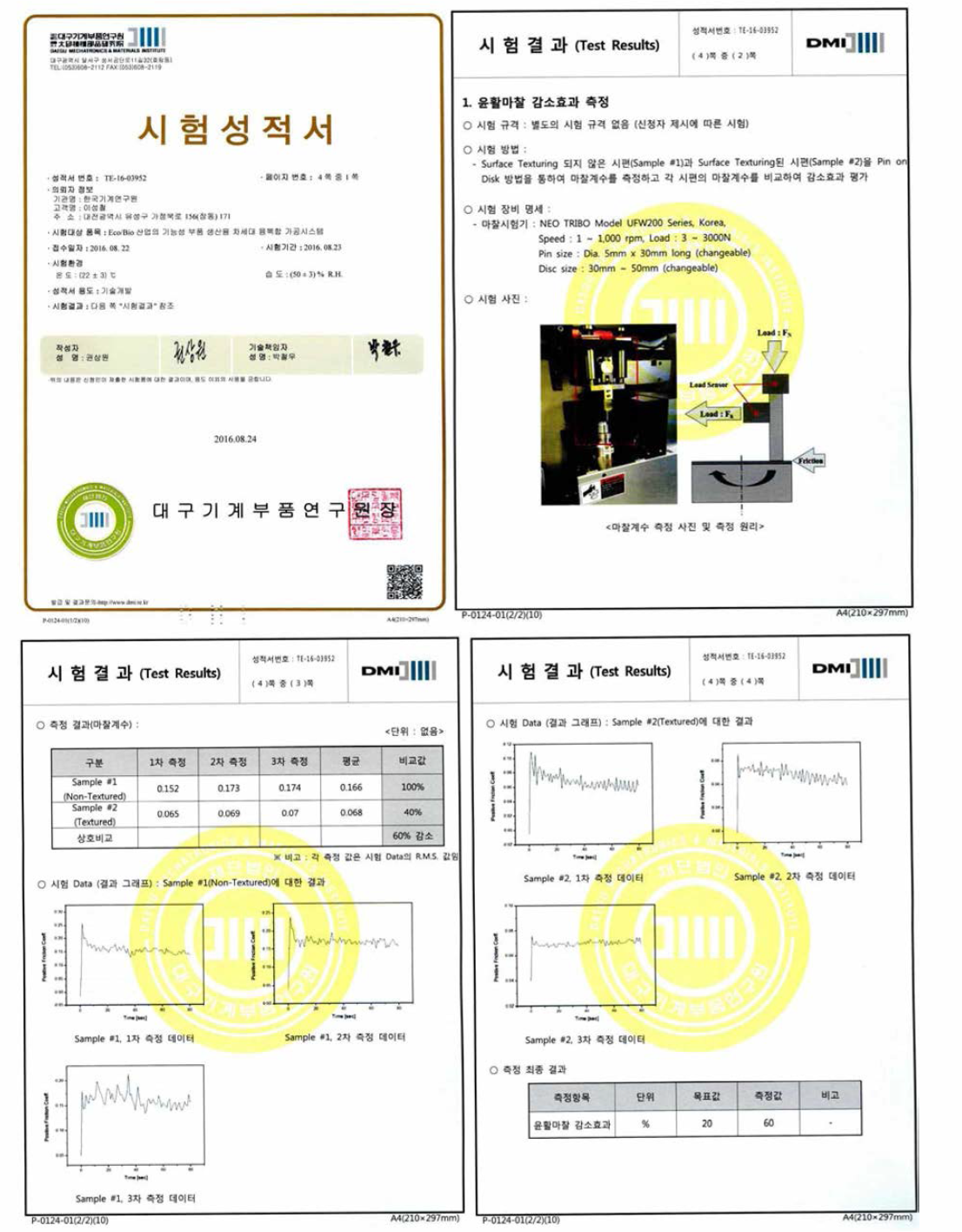 윤활마찰 저감에 대한 공인시험 성적서