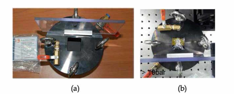 아르곤 가압 폴리싱 실험을 위한 (a)챔버 및 여)압력 테스트결과