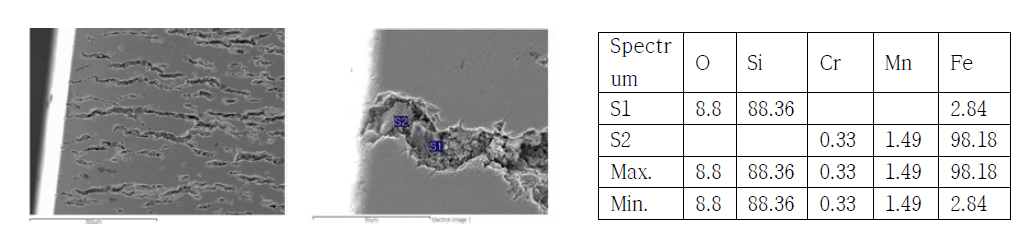 SEM으로 관찰 SSC단면(좌)에서 관찰된 개재물(중) 및 EDX 원소분석표(우)