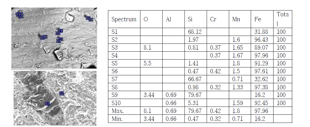 주사전자현미경으로 관찰한 HIC 분위기에 4일 노출된 X-80 강의 HIC 발생 개시점 부위의 파단면과 EDX 원소분석 결과