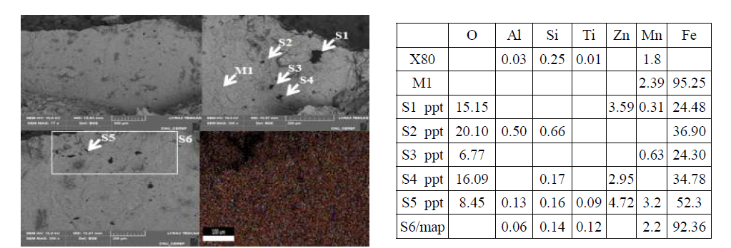 주사전자현미경으로 관찰한 HIC 분위기에 5일 장입된 X-80 강의 w/4위치의 초기 인장조건이 없는 HIC 파면의 개재물과 EDX 원소분석 결과