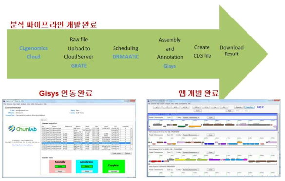 454 와 illumina data로부터 de novo assemble 하고, annotation 및 유전체 분석을 하 는 pipeline과 application을 클라우드 system으로 개발하였고, 이를 Gisys 와 연동하였음