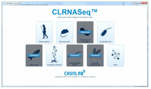 개발한 CLRNASeq-eukaryote version의 모습. human을 포함한 8개의 모델 생물의 전사체 분석을 수행할 수 있으며, 이 외에도 genome sequencing 이 완 료된 reference genome 이 있으면 전사체 분석을 수행할 수 있도록 개발하였음