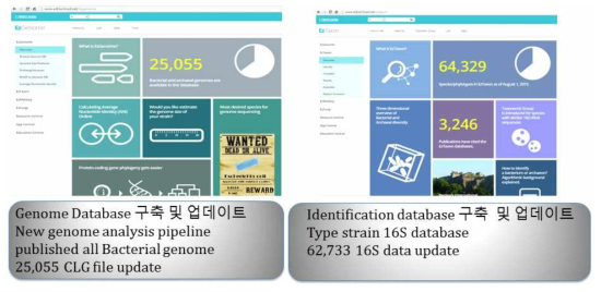 구축한 genome database 및 EzTaxon-e Database의 모습. www.ezbiocloud.net에서 확인 할 수 있음. 공개된 모든 bacterial genome을 2차 분석하여 분석 소프트웨어인 CLgenomics에서 분석할 수 있게 open 하였으며, bacterial identification database인 EzTaxon-e database를 구축하여 정기적으로 업데이트를 수행하였음