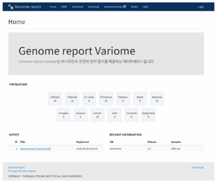 변이체 데이터의 배포 및 검색을 위한 변이체 데이터베이스 웹사이트(http://variome.genome-report.com/)