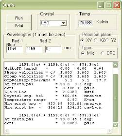 SNLO를 이용한 580nm (Yellow)파장변환 시뮬레이 션 예시 : LBO의 NCPM 조건