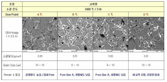 수소 환원 분위기 Dew Point 온도 변경에 따른 소결 Test Data