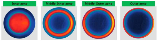 4-zone Tunable ESC 시제품의 각 Heat-zone 별 Heating 테스트 결과 (각 zone별 Heater temp=40℃, Coolant temp=20℃)