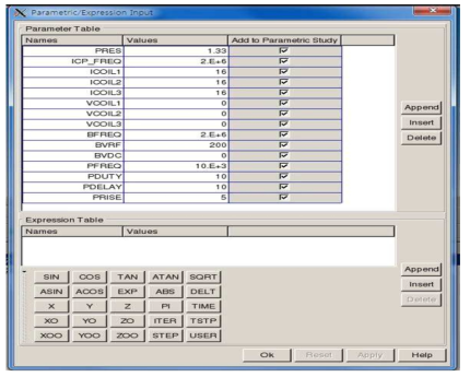 펄스 조건 및 유도 결합 플라즈마 발생 조건을 입력 할 수 있는 parameter input dialog window