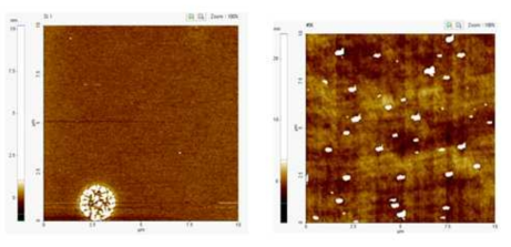 NF3 / H2O 건식 세정 이후 Si(100) 시편의 AFM image (a) watermark (b) residue island