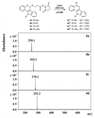 싸이오크로멘 계열의 광분해성 질량 표지 물질 4a-d의 matrix-free LDI-TOF　MS 스펙트럼 (각 100 pmol)