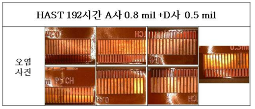 HAST 192시간 시험 후 A사0.8mil+D사0.5mil 패턴 부 오염 확인