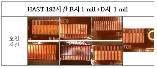 HAST 192시간 시험 후 B사1mil+D사1mil 패턴 부 오염 확인