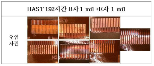 HAST 192시간 시험 후 B사1mil+E사1mil 패턴 부 오염 확인