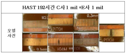 HAST 192시간 시험 후 C사1mil+D사0.5mil 패턴 부 오염 확인