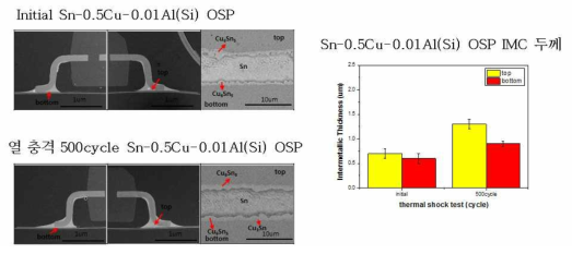 Sn-0.5Cu-0.01Al(Si) OSP 초기 및 열 충격 후 단면 및 IMC 두께 분석