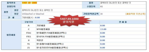 HS 품목분류 자가결정 시스템 정보제시 예시 화면