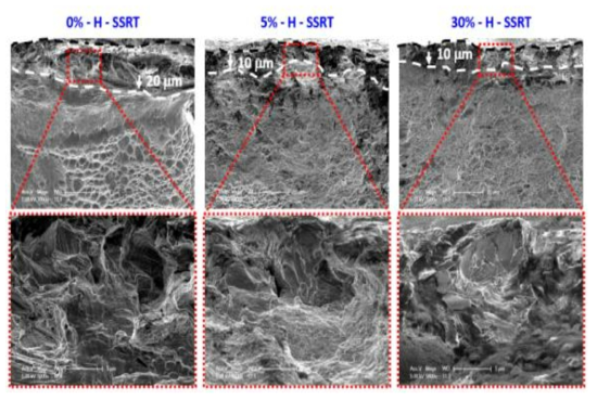 3차 현장재의 수소 주입 후 SSRT 파면 SEM 사진