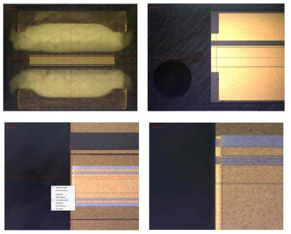 플립칩 본딩 공정 사진 칩 바닥면(위 왼쪽), 서브마운트 윗면(위 오른쪽), 칩과 서브마운트 정렬(아래 왼쪽), 칩 오버행 정렬(아래 오른쪽)