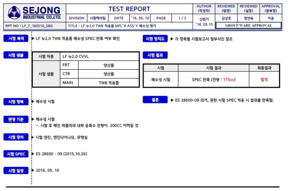 머플러 Assy 배수성시험 성적서