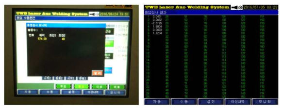 TWB 용접 작업 시 용접선 추적 결과 및 품질 모니터링 결과 출력 화면