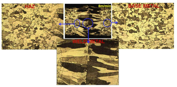 용접부, 열영향부, 모재부 조직 분석
