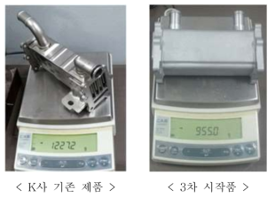 K사 기존 제품 및 3차 시작품 무게 비교