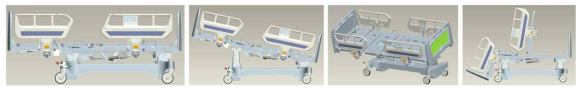 스마트침대의 2차시제품 3D 모델(왼쪽부터 승하강, TR, 측방향틸팅, 배뇨배변 자세)