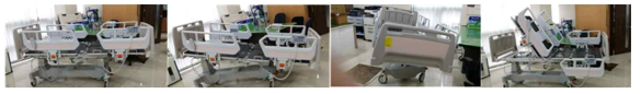 스마트 침대 2차 시제품 구동 모습, 승하강, TR자세, 측방향틸팅, 배뇨배변자세(왼쪽부터)