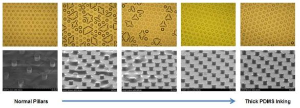 PDMS 층의 두께에 따른 잉킹된 끝단 및 기둥의 형태